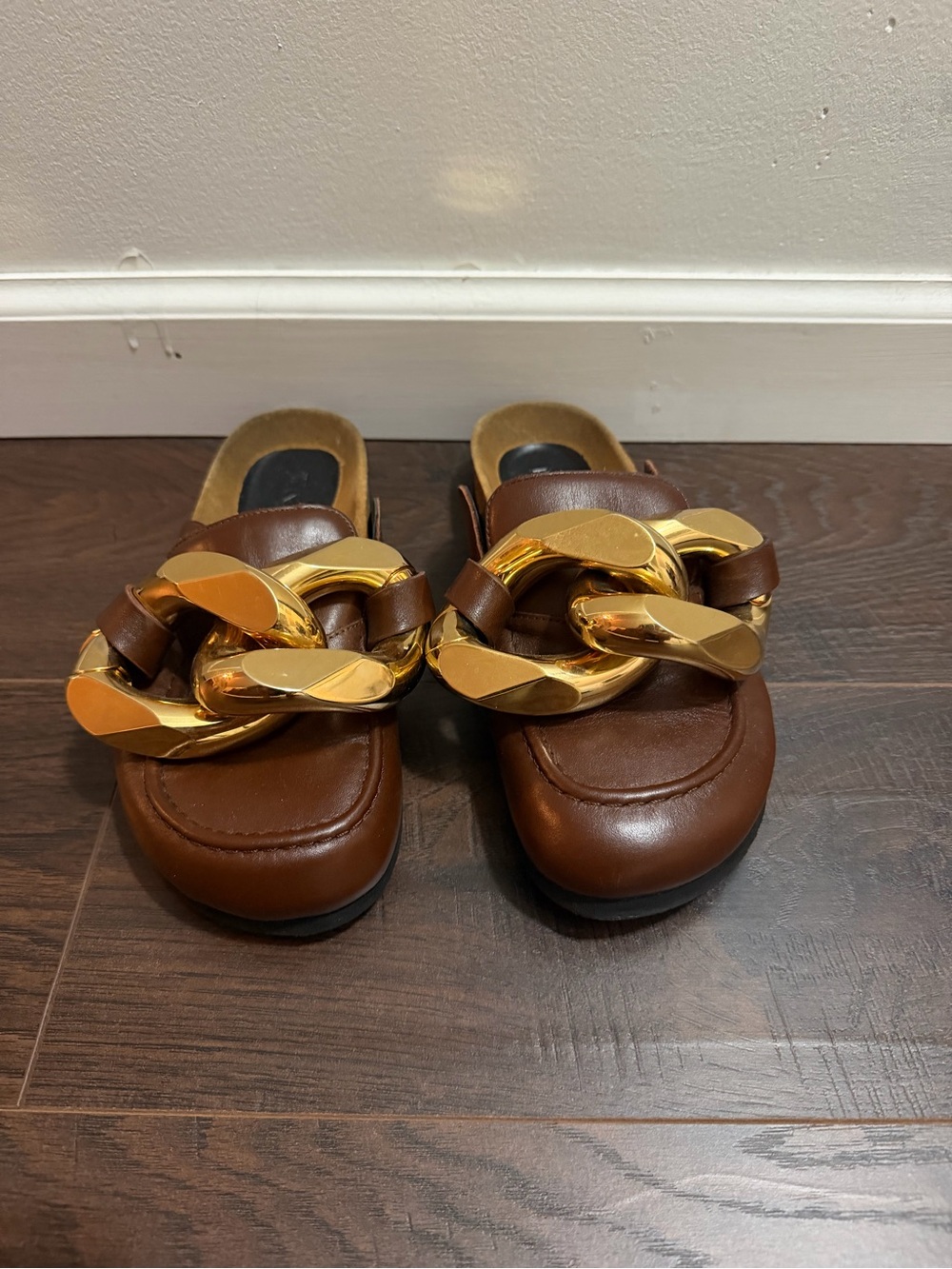 JW ANDERSON Brown Leather Slide Mules with Oversized Gold Chain